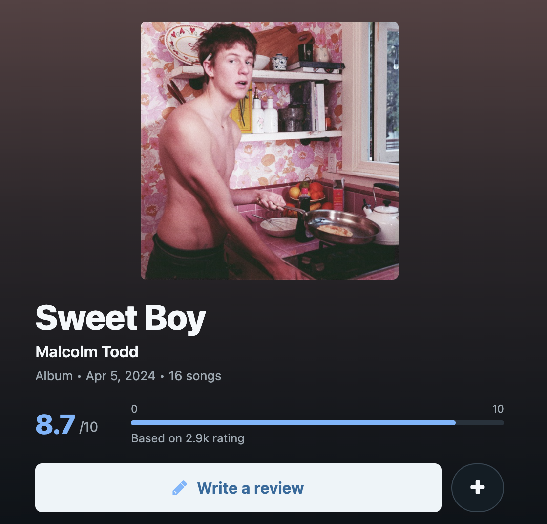 Duple album rating screen with album artwork and a score.